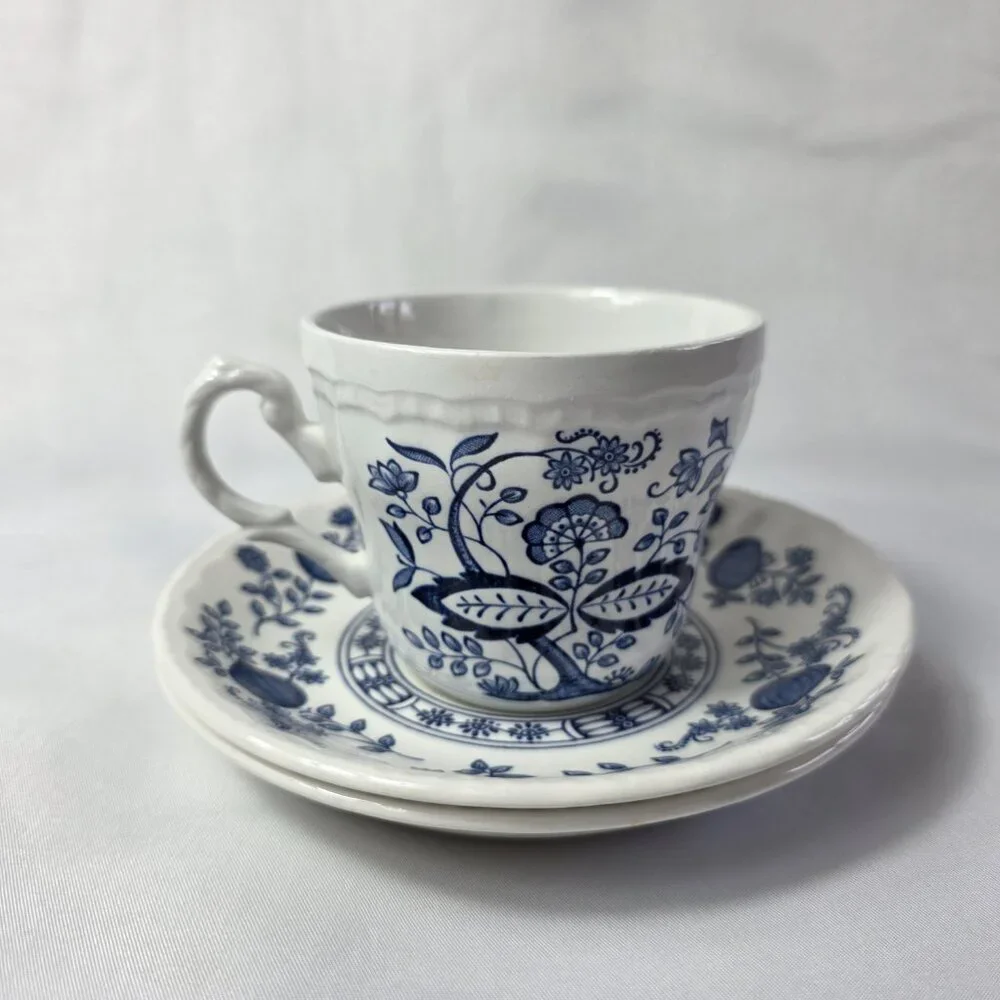 Wedgwood Blue Heritage Cup and Saucers (1 Cup 2 Saucers) White Blue Onion Design